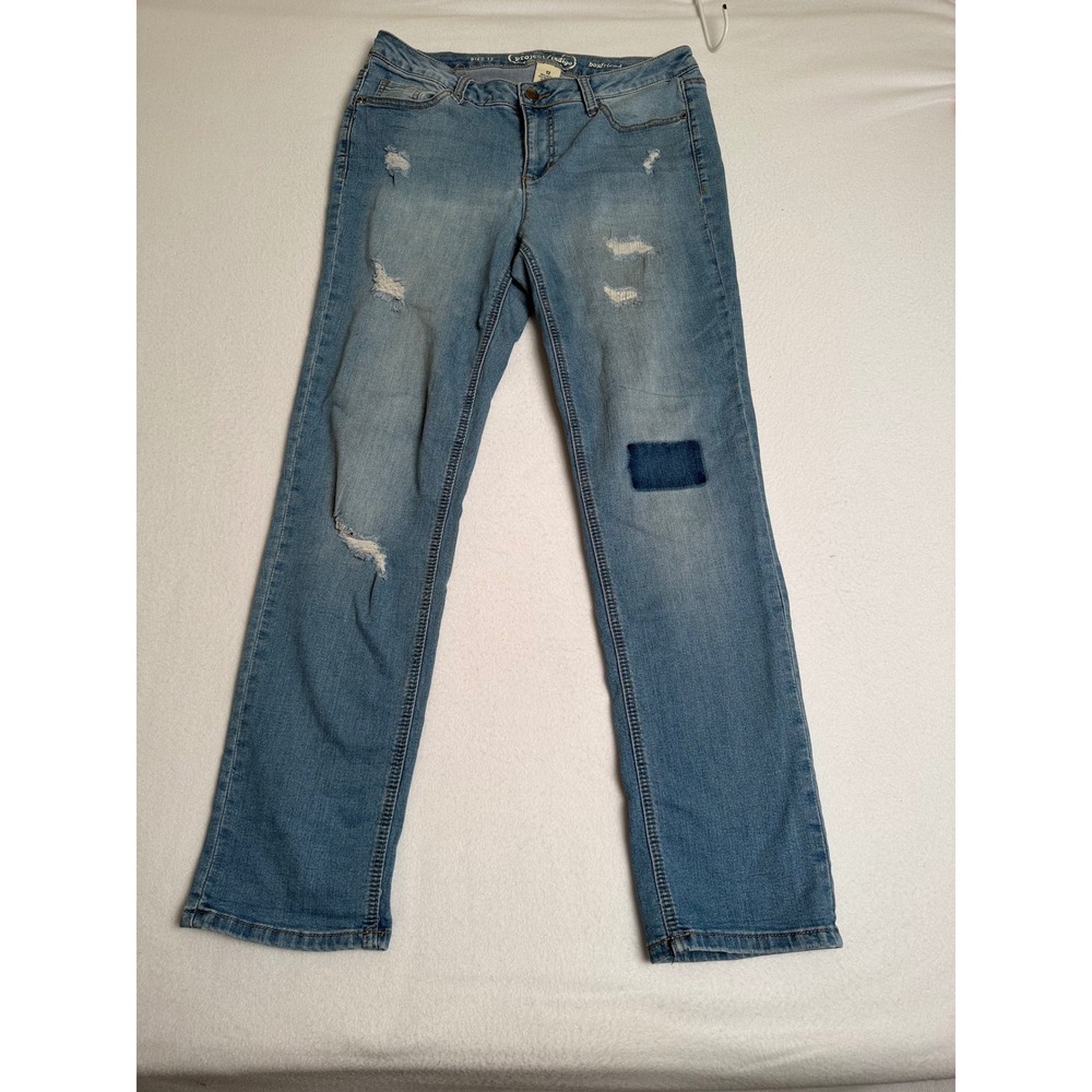 Project Indigo Womens Boyfriend Jeans Size 12 Light Wash Distressed Patch Denim